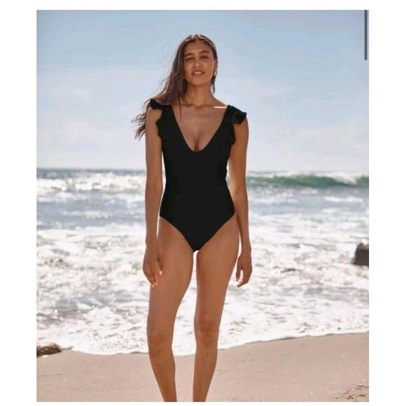 NWT Summersault The Ruffle Backflip One Piece Swimsuit V-Neck Size 16 Black